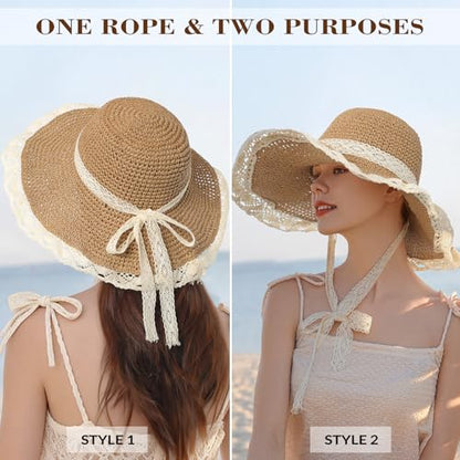 Beach Hats for Women, UPF 50+ Packable Floppy Lace Trim Sun Hat - color: Khaki