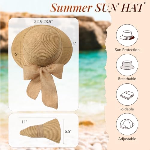 Pleneal Sun Hats for Women Straw Beach Hat Foldable Bowknot Summer Hat - color: Khaki
