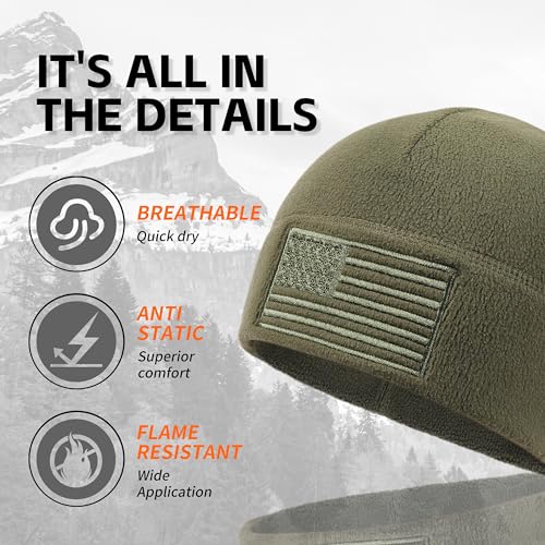 OUTDOOR SHAPING American Flag Fleece Beanie with Embroidered Patch Hat - color: Black+army Olive