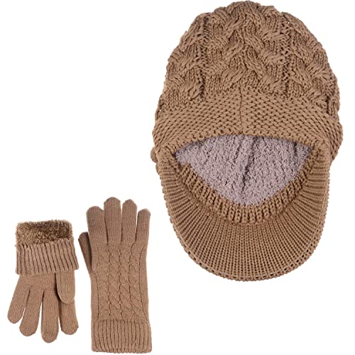 Womens Winter Elegant Cable Flower Knitted Newsboy Cabbie Cap Beret Beanie Hat with Visor, Warm Plush Fleece Lined - color: Camel Cable Flower-hat Gloves Set
