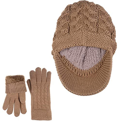 Womens Winter Elegant Cable Flower Knitted Newsboy Cabbie Cap Beret Beanie Hat with Visor, Warm Plush Fleece Lined - color: Camel Cable Flower-hat Gloves Set