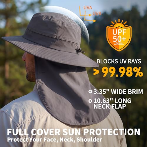 Connectyle Wide Brim Sun Hat for Men Women UPF 50+ Breathable Fishing Hat with Neck Flap Outdoor Hiking Safari Bucket Hats - color: Dark Grey