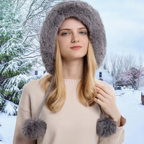 Womens Faux Fur Hat with Fluffy Pompom for Winter Fuzzy Knitted Beanies Skull Cap Warm Earflaps Cold Weather Cute - color: Grey