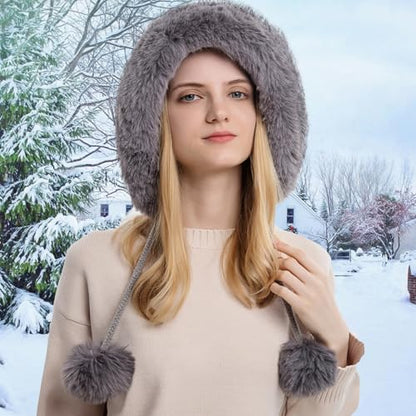 Womens Faux Fur Hat with Fluffy Pompom for Winter Fuzzy Knitted Beanies Skull Cap Warm Earflaps Cold Weather Cute - color: Grey