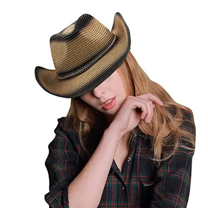Cowboy Straw Hat Men Women Wide Brim Fedora Panama Bucket Hat UV Protection Vacation Cap Foldable Beach Western Cap - color: Beige-black