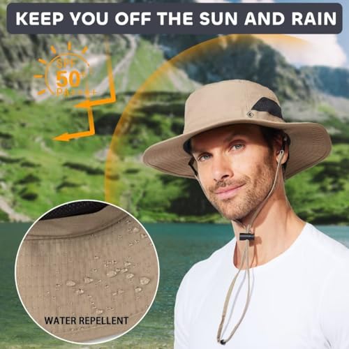 Fishing Hat for Mens Sun Hat Wide Brim Bucket Hat SPF UV Protection XL XXL Large Size Big Head Hiking Beach Safari - color: Khaki/Side Mesh（suitable:62cm-63cm）, size: XX-Large-3X-Large