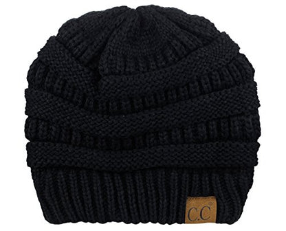 C.C Unisex Chunky Soft Stretch Cable Knit Warm Fuzzy Lined Skully Beanie - color: Black