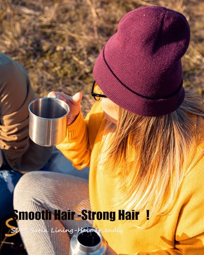 Satin Lined Knit Beanie Hat-100% Cotton Winter Hats for Women Men - color: 2pcs-black+wine Red