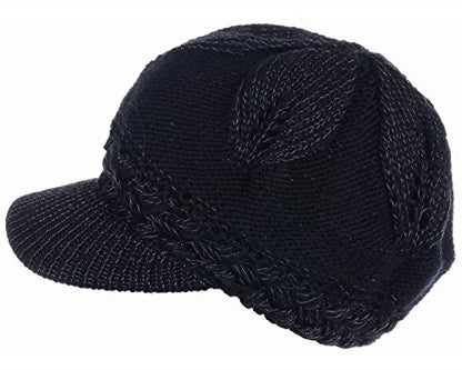 BYOS Womens Winter Chic Cable Warm Fleece Lined Crochet Knit Hat W/Visor Newsboy Cabbie Cap - color: Braided Front Black