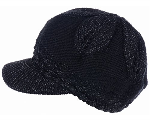BYOS Womens Winter Chic Cable Warm Fleece Lined Crochet Knit Hat W/Visor Newsboy Cabbie Cap - color: Braided Front Black