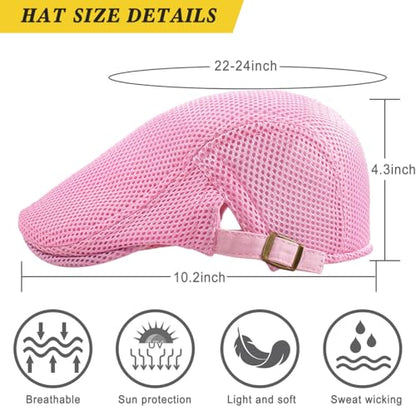 Xinveen Men's Mesh Cap Breathable Summer Newsboy Hat Adjustable Beret Ivy Cap Irish Cabbie Driving Hunting Hats - color: Pink