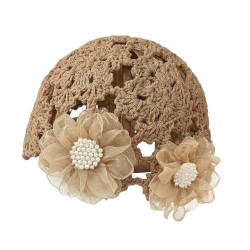 Crochet Hat Cap Cute Summer Beanies with Pearl Decor Boho Knit Mesh Hat - color: Brown Flower