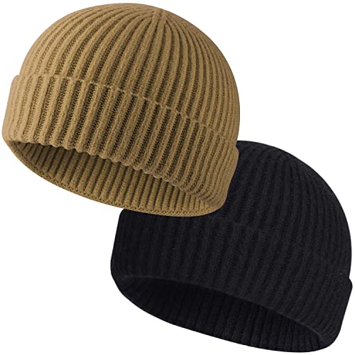 ROYBENS Wool Fisherman Beanies for Men Knit Short Watch Cap Winter Warm Hat - color: 2pc Black+light Coffee