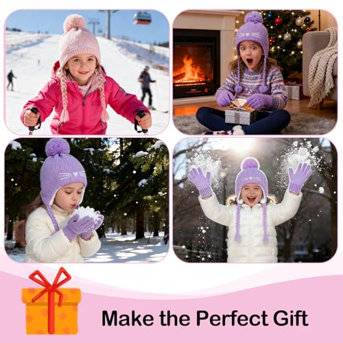 Girls Winter Hat Gloves Set, Kids Cat Embroidered Knit Beanie with Earflaps - color: Pink