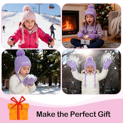 Girls Winter Hat Gloves Set, Kids Cat Embroidered Knit Beanie with Earflaps - color: Pink