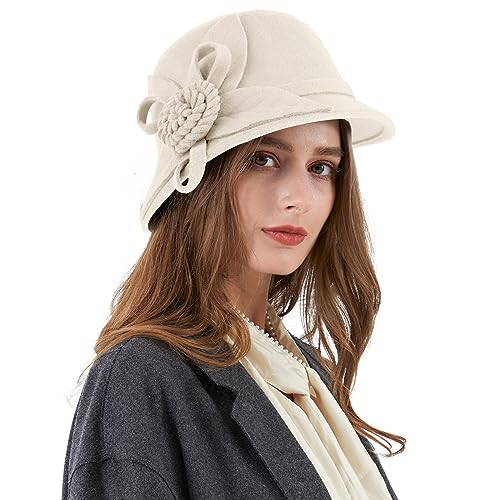 Ladies Wool Felt Bucket Hat Women Vintage Cloche Fedora Winter Church Bowler Hat with Bow - color: White Rose