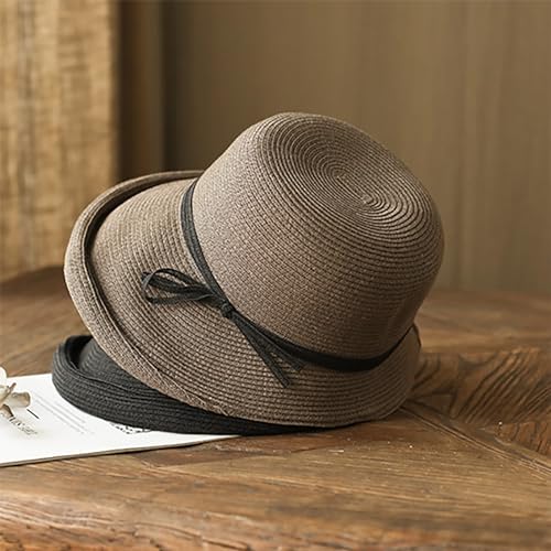 CORIRESHA Women's Vintage 1920s Audrey Hepburn Hat Bow Straw Cloche Beach Sun Cap - color: Coffee