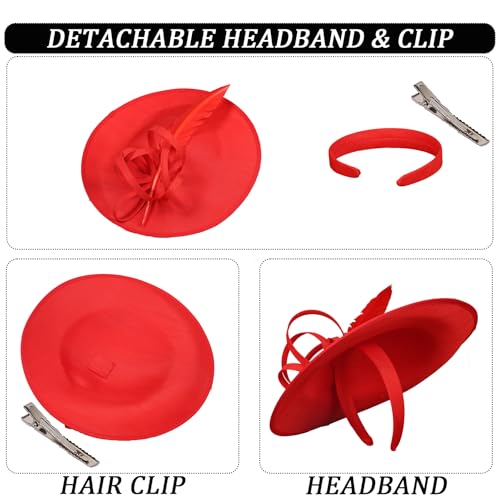 Women's Fascinators Feather Polyester Kentucky Derby Saucer Hats with Headband - color: Red