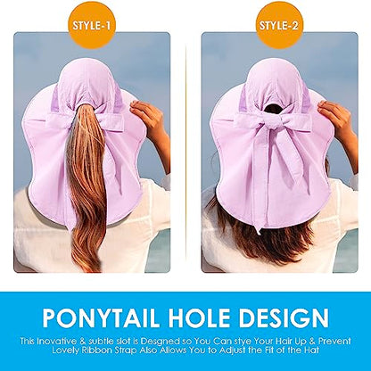 Womens Sun Hat UV Protection, Foldable Waterproof Wide Brim Bucket Hats with Neck Flap for Summer Beach Fishing Hiking - color: Purple