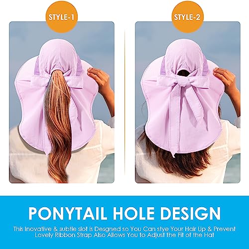 Womens Sun Hat UV Protection, Foldable Waterproof Wide Brim Bucket Hats with Neck Flap for Summer Beach Fishing Hiking - color: Purple