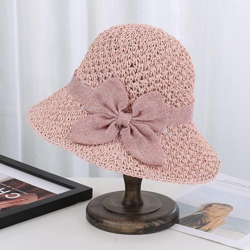 Beach Straw Sun Hat for Women French Foldable Summer Beach Wide Brim Hat Travel Straw Fedora Hat - color: Pink