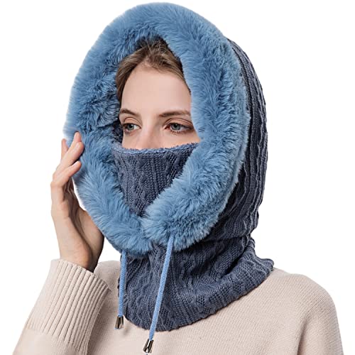 HUAMULAN Women Cable Knit Balaclavas Winter Fleece Lined Beanie Hat - color: Blue