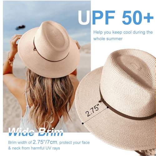DRESHOW Womens Summer Straw Sun Hat Wide Brim Bucket Hats Fedora Hat Panama Beach Hat with Chin Strap UPF 50+ - color: 1 Pack Panama Hat: Tan
