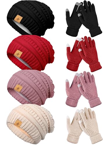 JaGely 8 Pieces Women Winter Hats and Gloves Set Women Warm Touchscreen Knitted Lined Gloves Winter Beanies - color: Black, Pink, Beige, Red