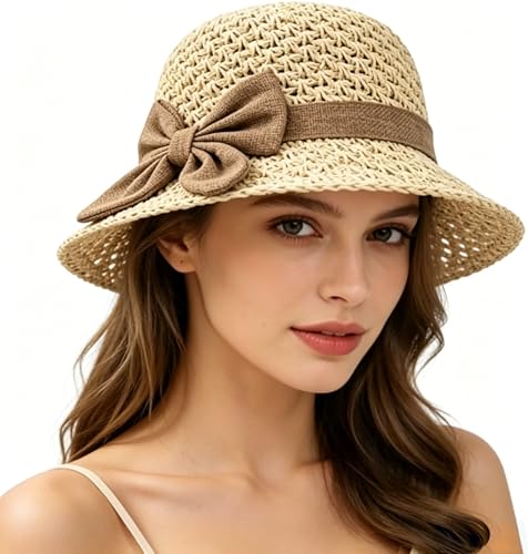 Womens Straw Hat,2026 New Beach Sun Straw Hats for Women, Wide Brim Packable Travel Bucket Hats,Summer Hats for Vacation Travel Beige