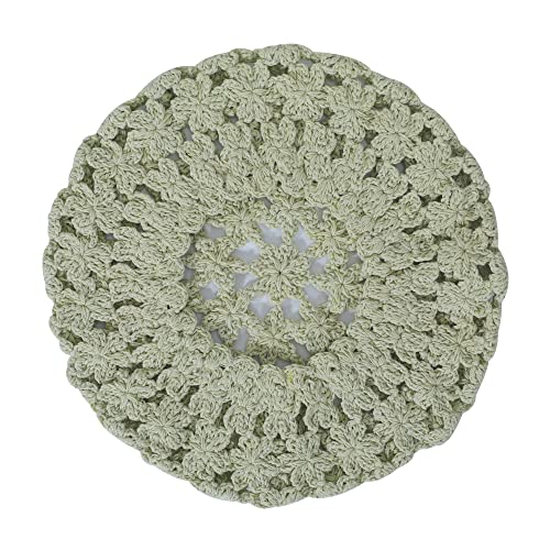 ZLYC Women Cotton Slouchy Crochet Beret Handmade Cutout Floral Beanie Hat - color: Solid Green