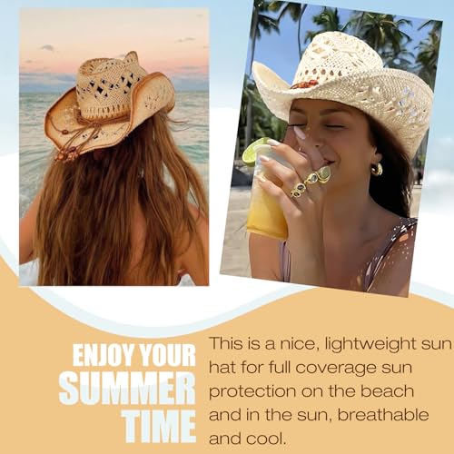 AQOKKA Straw Cowboy Hats for Women Men Western Cowgirl Hats with Shapeable Brim Woven Hollow Out Unisex Beach Roll Up Caps - color: Brown Beads Cowboy Hat : Ivory White