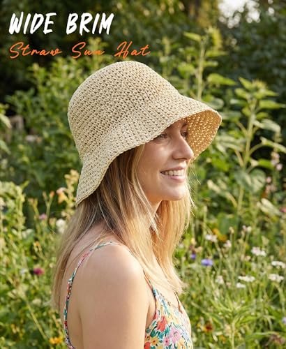 Straw Beach Hats for Women Summer Wide Brim Floppy Packable Foldable Bucket Sun Hat Travel Vacation UV Protection - color: Beige