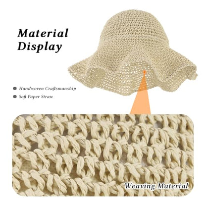 Womens Wide Brim Straw Sun Hat, Floppy Summer Straw Beach Hats, Foldable Crochet Summer Travel Beach Sun Cap - color: Beige