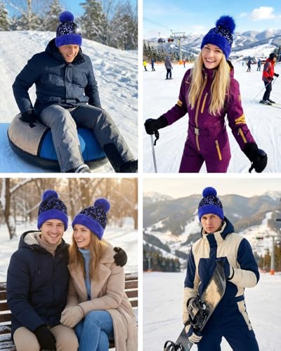Women Sparkly Sequins Knitted Beanie Hat Warm Winter Skull Cap with Faux Fur Pom Pom - color: Blue