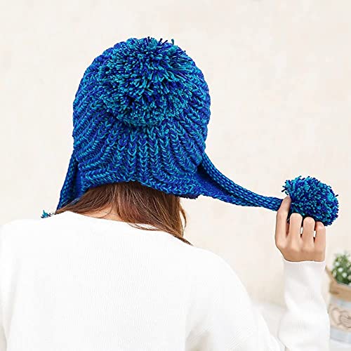 HUAMULAN Women Winter Sherpa Knit Beanie Hat Fleece Lined Ear Flaps - color: Blue