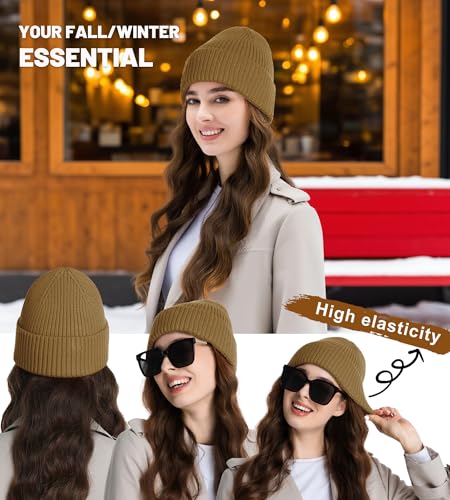 Seamless Beanie Hat for Men Women Wool Fisherman Beanies Winter Hats - color: Camel