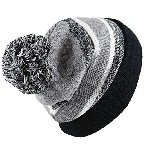 Winter Knit Beanie Hat with Pom Pom – Warm Cuffed Slouch Ski Cap for Men & Women - color: 1.black and Grey With Pom