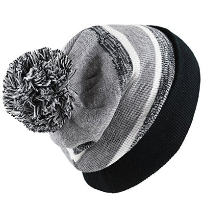 Winter Knit Beanie Hat with Pom Pom – Warm Cuffed Slouch Ski Cap for Men & Women - color: 1.black and Grey With Pom