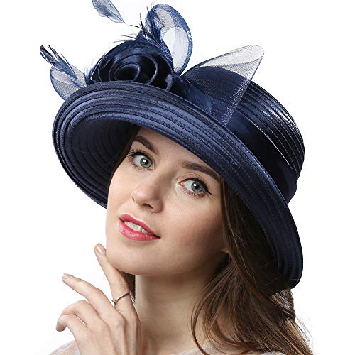 Women Vintage Roll Brim Bowler Cloche Hat for Derby Day, Church, Wedding, Party, Formal Occasion - color: Navy Blue