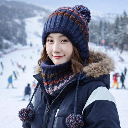 HUAMULAN Women Winter Knit Beanie Hat Circle Scarf Set Pompoms Ear Flaps - color: Navy