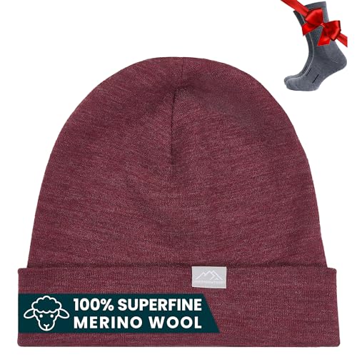 100% Merino Wool Beanie for Women, Men - Set Adult Skull Cap 17.5um & Socks - color: Burgundy, size: Large-X-Large