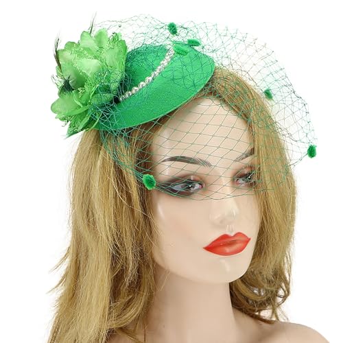 Fascinator Pillbox Hat for Women, Feather Flower Pearls Hair Headwear Veil - color: Green