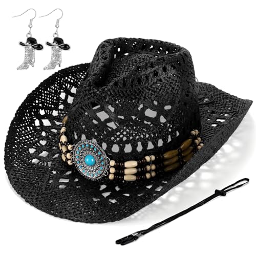 Straw Cowboy Hat for Women, Western Cowgirl Hats with Boot Earrings, Brim Summer Beach Hat - color: Black