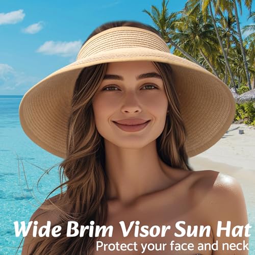 NPQQUAN Sun Visor Hats for Women Wide Brim Ponytail Straw Beach Hat - color: (Khaki))