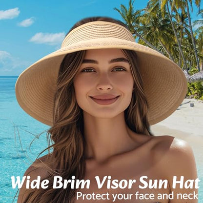 NPQQUAN Sun Visor Hats for Women Wide Brim Ponytail Straw Beach Hat - color: (Khaki))
