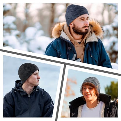 Ocatoma Winter Beanie Warm Knit Hat for Men Fleece Lined Cuffless Cap - color: Navy