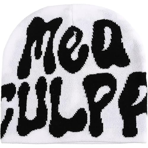 TaowaveWomen Beanie Y2k Hat,MEA Culpa Graphic Beanies Designs,Winter Hat Knit Skull Cap for Women - color: Whiteblack
