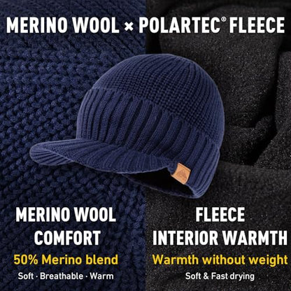 TOP-EX DryKnit™ 50% Merino Wool Waterproof Winter Beanie Hat with Brim - color: Blue, size: Medium-Large