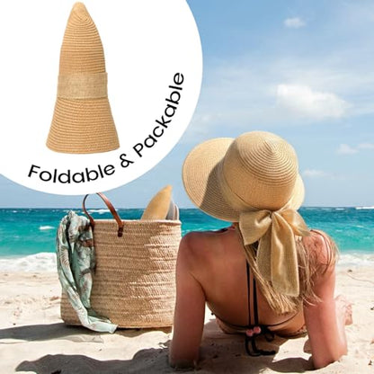 Pleneal Beach Sun Staw Hats for Women, UPF 50+ Foldable Wide Brim Sun Hat - color: Khaki - D