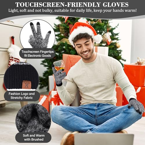 FZ FANTASTIC ZONE Mens Winter Beanie Hat and Scarf Touchscreen Gloves Sets - color: Black & White